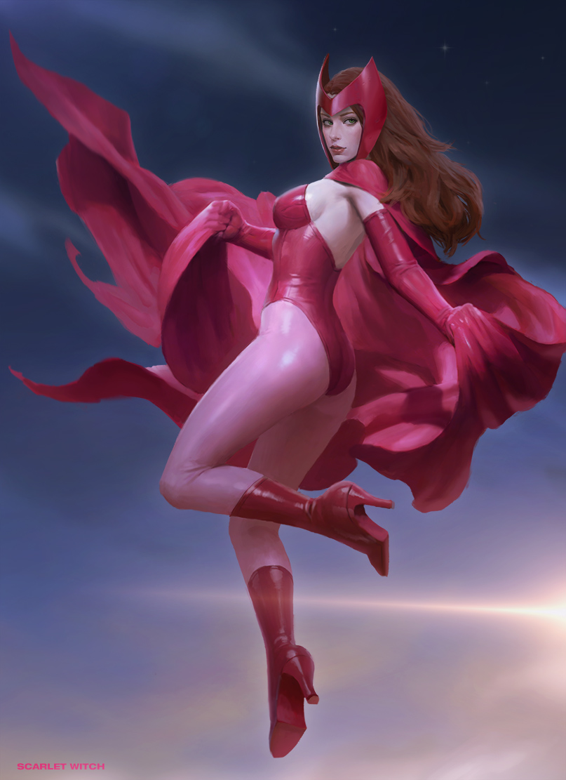 1girl ass boots breasts brown_hair cape character_name elbow_gloves flying full_body gloves green_eyes headgear high_heel_boots high_heels kilart leotard lips long_hair looking_at_viewer looking_back marvel pantyhose pink_clothes pink_gloves pink_legwear scarlet_witch sky solo sun