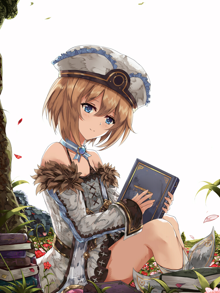 1girl bangs blanc blue_eyes blush book book_stack brooch brown_hair bud choker choujigen_game_neptune closed_mouth cross cross-laced_clothes cross_print dress eyebrows eyebrows_visible_through_hair flat_chest from_side grass hair_between_eyes hat holding holding_book jewelry long_sleeves looking_at_viewer neptune_(series) off-shoulder_dress off_shoulder petals pink_flower red_flower rock shin_jigen_game_neptune_vii short_dress short_hair sitting smile solo tree white_background white_crow