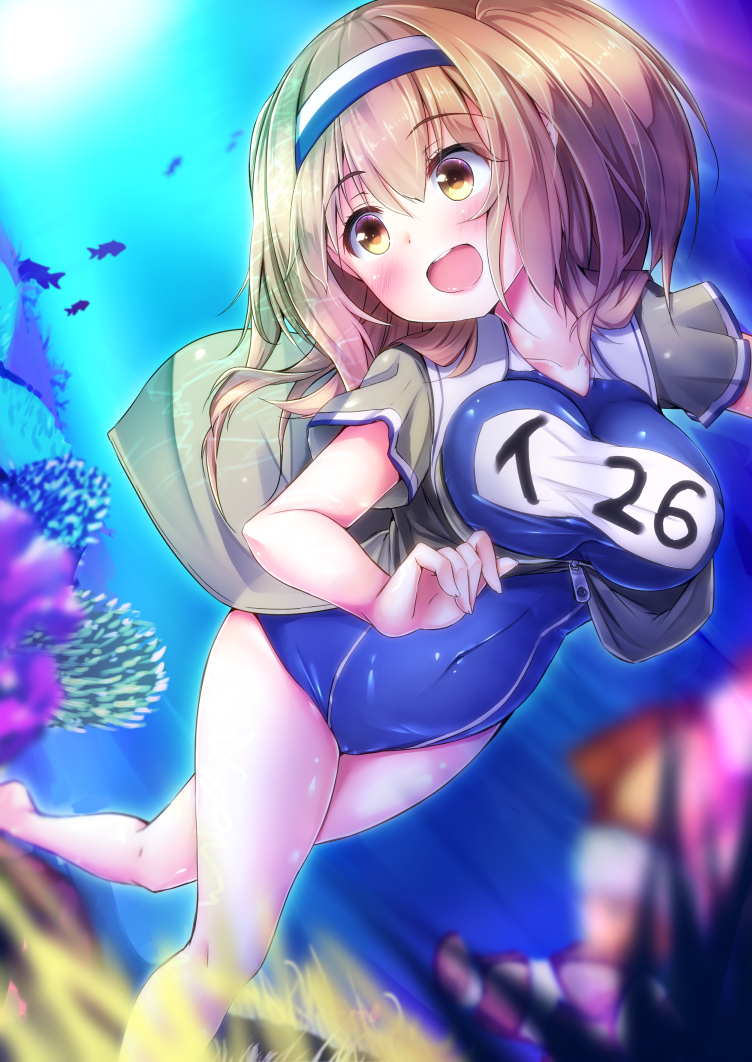 1girl blush breasts brown_eyes brown_hair clothes_writing clownfish coral coral_reef covered_navel fish hairband i-26_(kantai_collection) kantai_collection large_breasts light_brown_eyes light_brown_hair long_hair name_tag new_school_swimsuit open_clothes open_mouth sailor_collar school_swimsuit short_sleeves smile solo sunlight swimsuit swimsuit_under_clothes toine_hoko two_side_up underwater water