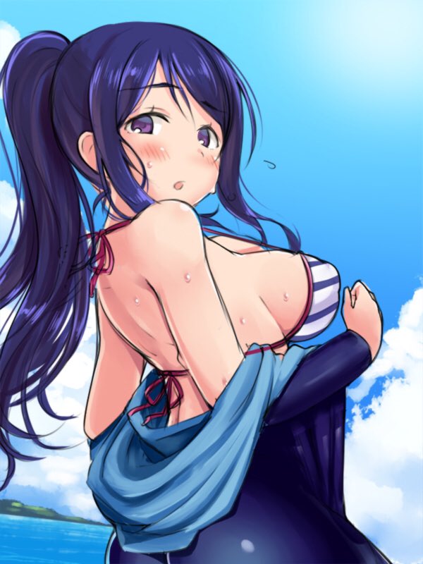 1girl ass bare_shoulders bikini blue_hair blush breasts clouds diving_suit erect_nipples large_breasts long_hair looking_at_viewer looking_back love_live! love_live!_sunshine!! matsuura_kanan ocean off_shoulder open_mouth ponytail robin16 sky solo strap_gap striped striped_bikini swimsuit undressing violet_eyes wetsuit