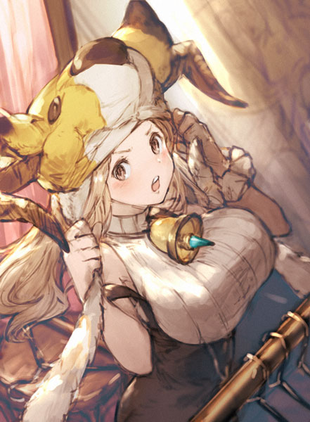 &gt;:o 1girl :o animal_hat bare_shoulders bell blush breasts brown_eyes daetta_(granblue_fantasy) deer doraf granblue_fantasy hat hat_tug horns large_breasts light_brown_hair long_hair open_mouth ribbed_sweater sleeveless solo sweater taroji underbust