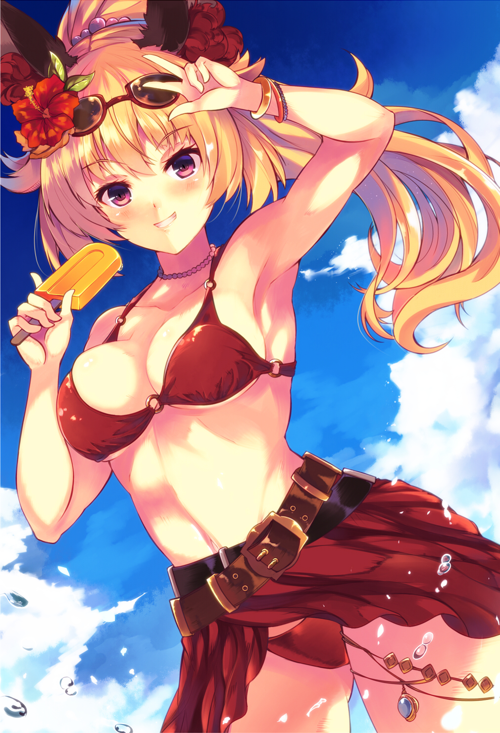 1girl animal_ears arm_up armpits bangs bead_necklace beads belt_buckle beltskirt bikini blonde_hair blush bracelet breasts buckle cowboy_shot diamond_(shape) dutch_angle eyebrows eyebrows_visible_through_hair eyelashes floating_hair flower food fox_ears gem glasses grin hair_beads hair_flaps hair_flower hair_ornament hibiscus highres holding holding_food jewelry long_hair looking_at_viewer medium_breasts mizuyoukan_(mikususannda) o-ring_bikini o-ring_top original ponytail popsicle red-framed_eyewear red_bikini red_eyes red_flower sarong smile solo stomach sunglasses sunglasses_on_head swimsuit thighlet under_boob w water