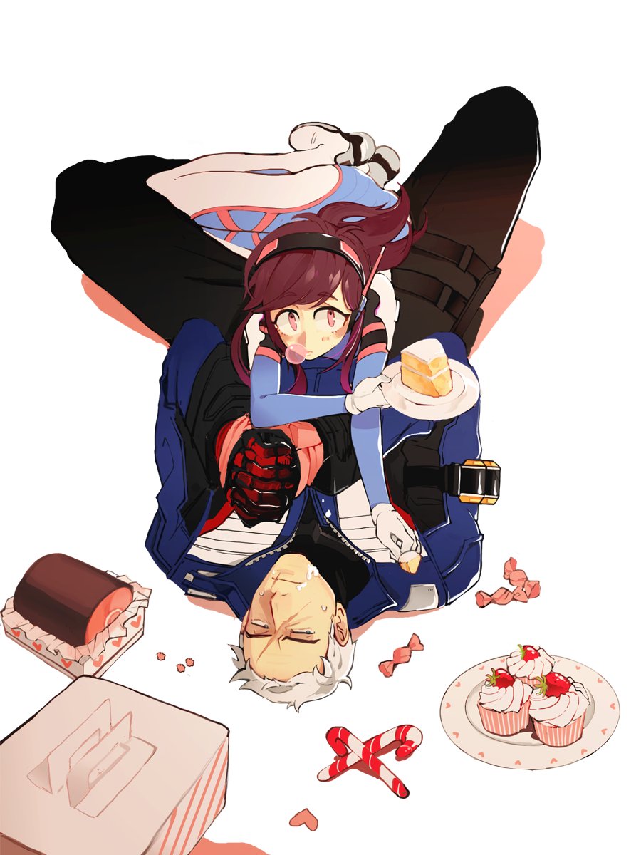 1boy 1girl bangs bodysuit boots bound bound_wrists brown_eyes brown_hair bubble_blowing bubblegum cake candy candy_cane closed_mouth cream cream_on_face d.va_(overwatch) eyebrows eyebrows_visible_through_hair facepaint facial_mark food food_on_face gloves guguma gum hands_together headphones highres holding holding_plate holster jacket konpeitou long_hair long_sleeves looking_at_viewer lying lying_on_person on_back on_person overwatch pants pastry pastry_box pauldrons pilot_suit plate red_gloves restrained scar scar_across_eye short_hair shoulder_pads simple_background soldier:_76_(overwatch) sweatdrop thigh-highs thigh_boots thigh_holster thigh_strap turtleneck whisker_markings white_gloves white_hair