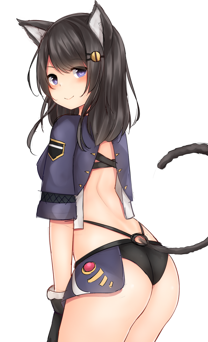 1girl animal_ears ass back black_gloves black_hair blue_eyes blush cat_ears cat_girl cat_tail from_behind gloves hair_ornament hairclip highres long_hair looking_at_viewer looking_back mizushina_minato original short_sleeves simple_background smile solo tail white_background