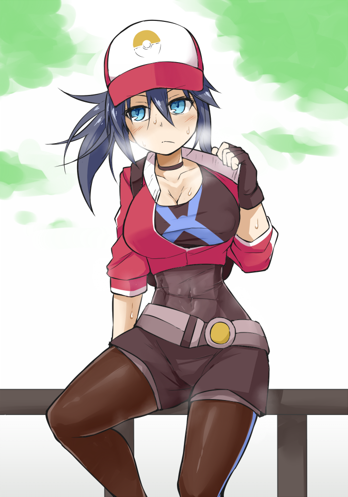 10s 1girl backpack bag blue_eyes blue_hair blush breasts brown_legwear choker cleavage covered_navel female_protagonist_(pokemon_go) female_protagonist_(pokemon_go)_(cosplay) fingerless_gloves gloves hair_between_eyes hot imura_(shiro_maru) jacket long_hair looking_to_the_side open_clothes open_jacket original pantyhose_under_shorts pokemon pokemon_go shiro_maru shorts sitting solo sweat sweating
