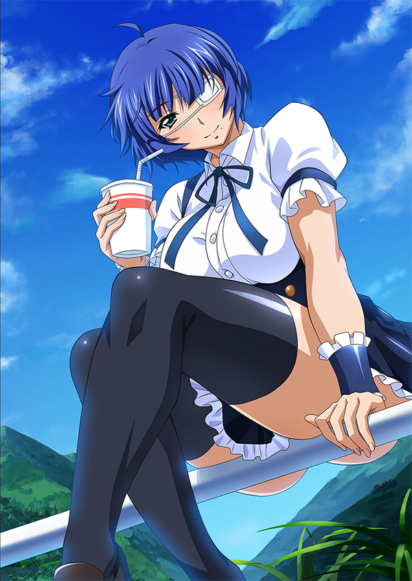 00s 1girl black_legwear blue_hair blush breasts clouds day eyepatch from_below green_eyes holding ikkitousen large_breasts looking_at_viewer mole mole_under_mouth outdoors ryomou_shimei short_hair sitting sky smile solo thigh-highs
