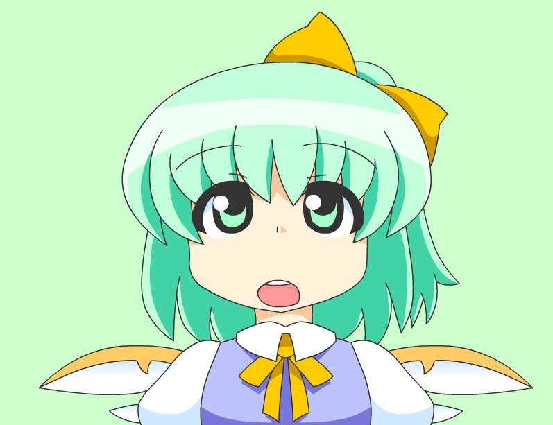 1girl blue_vest bow collared_shirt commentary_request daiyousei eyebrows eyebrows_visible_through_hair fairy_wings green_eyes green_hair hair_bow looking_up matching_hair/eyes open_mouth puffy_short_sleeves puffy_sleeves round_teeth shirt short_hair short_sleeves side_ponytail simple_background solo teeth touhou wings yamato_damashi
