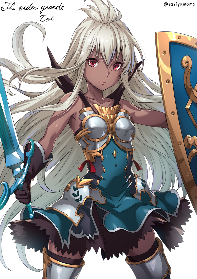 1girl armor armored_boots artist_name bare_arms bare_shoulders black_gloves blue_dress boots breastplate character_name closed_mouth collarbone dark_skin dress elbow_gloves gloves granblue_fantasy grey_boots holding holding_sword holding_weapon legs_apart long_hair looking_at_viewer red_eyes sakiyamama serious shield simple_background solo standing sword the_order_grande thigh-highs thigh_boots unsheathed very_long_hair weapon white_background zettai_ryouiki