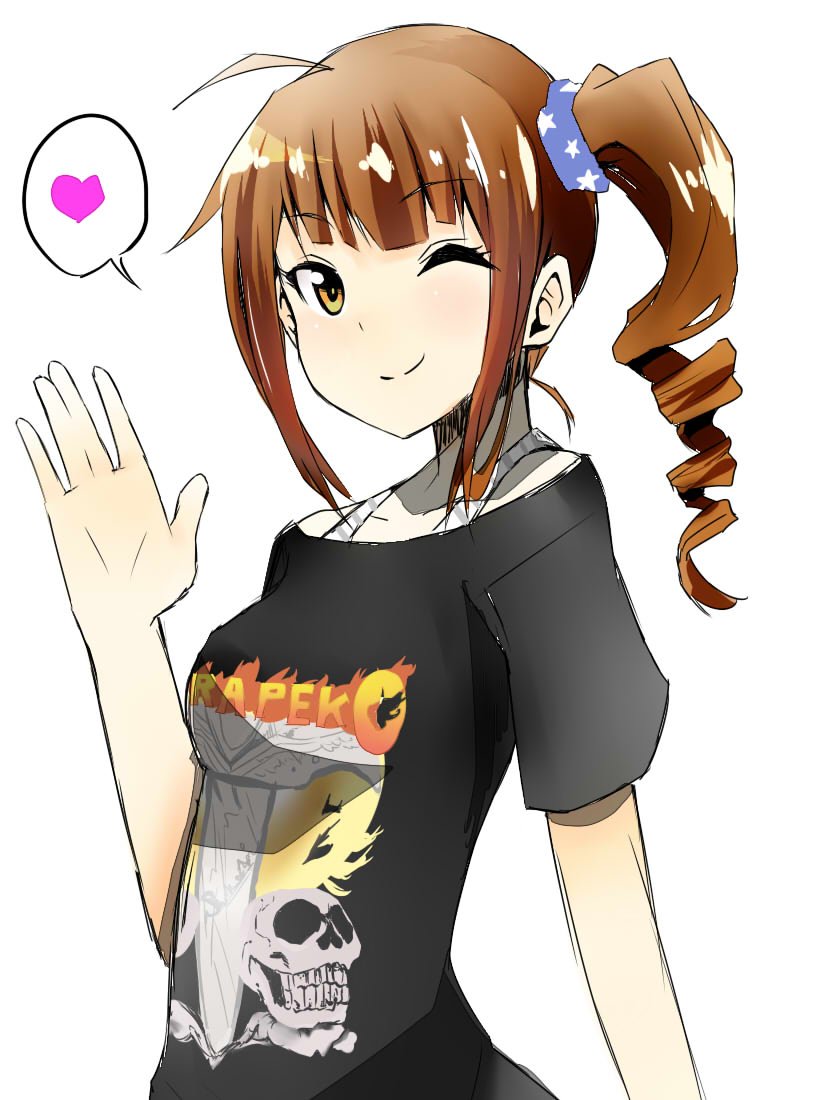 1girl brown_hair drill_hair heart idolmaster idolmaster_million_live! looking_at_viewer one_eye_closed shirt smile solo spoken_heart t-shirt wataro_(watawatawatapon) yokoyama_nao