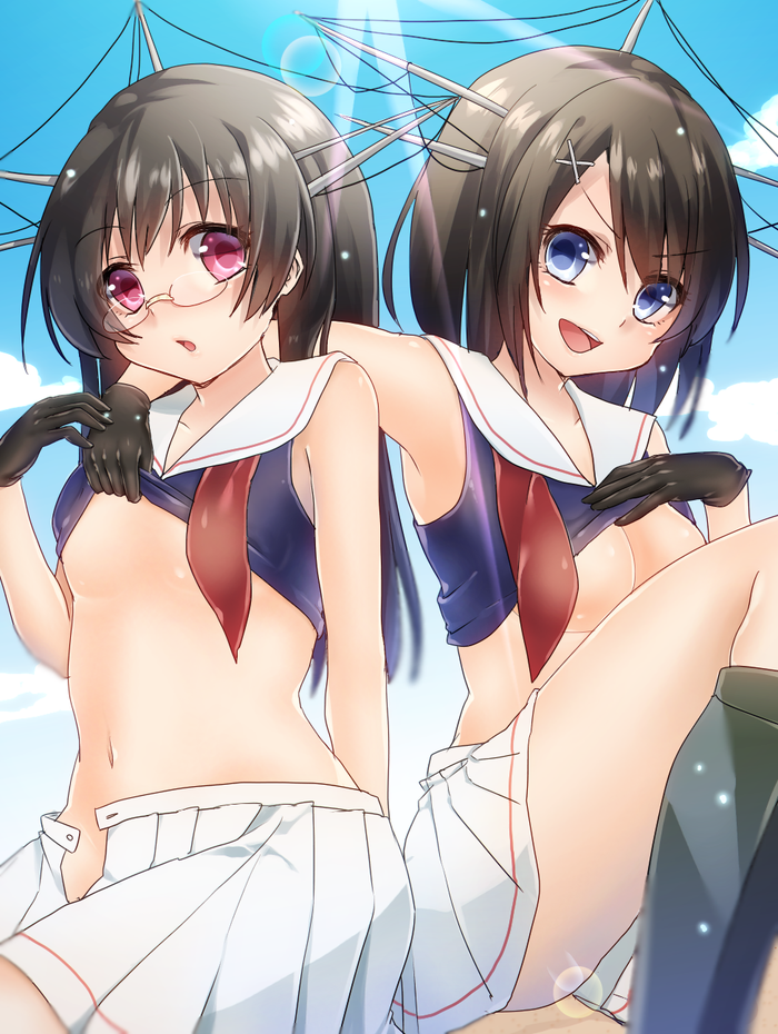 &gt;:d 2girls :d arm_around_shoulder black_gloves black_hair blue_eyes blue_skirt breasts choukai_(kantai_collection) cleavage eyebrows eyebrows_visible_through_hair glasses gloves hair_ornament headgear kantai_collection keita_(tundereyuina) lens_flare long_hair looking_at_viewer maya_(kantai_collection) medium_breasts midriff multiple_girls navel open_clothes open_mouth open_skirt pleated_skirt shirt_lift short_hair skirt small_breasts smile teeth under_boob violet_eyes white_skirt x_hair_ornament