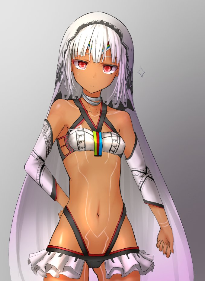 1girl attila_(fate/grand_order) bare_shoulders basa_rutan breasts dark_skin fate/grand_order fate_(series) full_body_tattoo hand_on_hip looking_at_viewer midriff navel red_eyes short_hair small_breasts solo standing tattoo veil white_hair