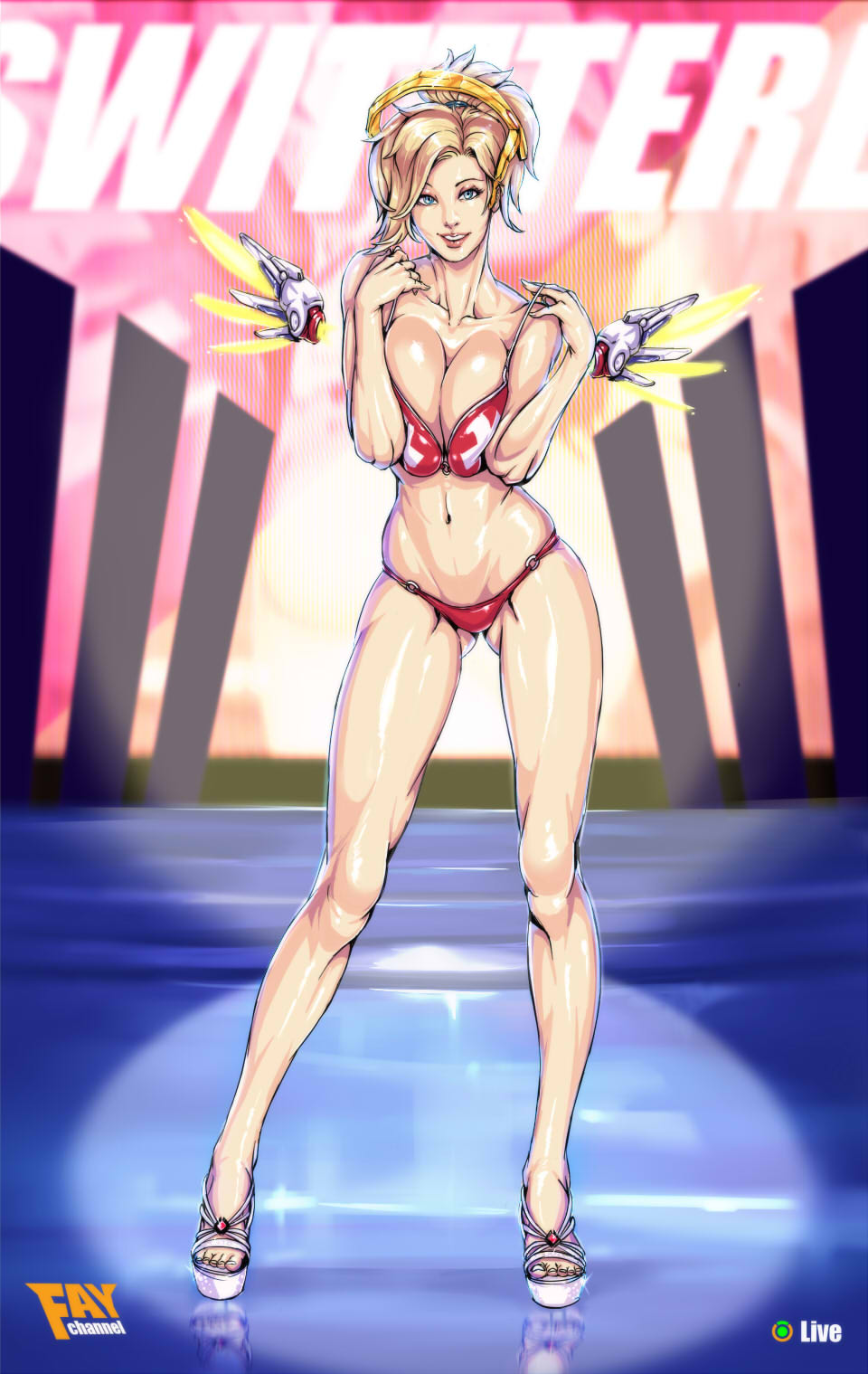1girl bikini blonde_hair breast_squeeze breasts cleavage faymantra full_body gluteal_fold high_heels highres large_breasts long_legs looking_at_viewer mechanical_wings mercy_(overwatch) overwatch sandals skindentation smile solo standing swimsuit thigh_gap wings