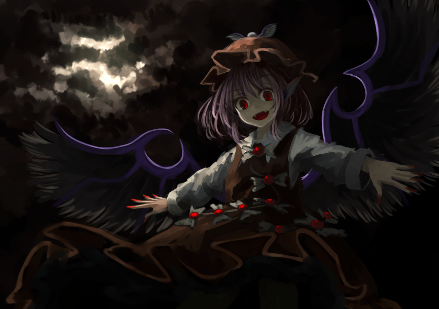 1girl :d akaiha_(akaihagusk) animal_ears bird_wings brown_dress darkness dress fangs fingernails hat hat_ornament hat_wings long_fingernails long_sleeves looking_at_viewer mystia_lorelei nail_polish night night_sky open_mouth outstretched_arms pink_hair red_eyes red_nails sharp_fingernails short_hair sky smile solo spread_arms touhou wings