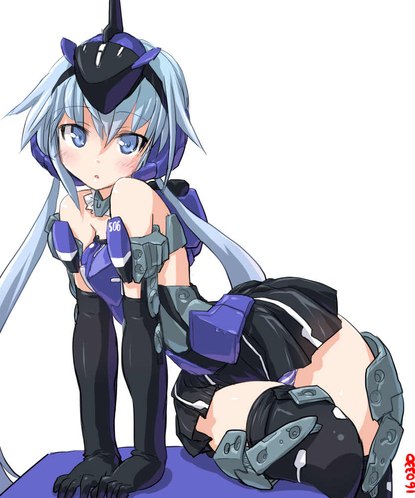 1girl :o bangs black_gloves black_legwear black_skirt blue_eyes blue_hair blush dd_(ijigendd) elbow_gloves eyebrows eyebrows_visible_through_hair frame_arms_girl gloves hair_between_eyes hairband headgear long_hair looking_at_viewer mecha_musume miniskirt open_mouth panties pantyshot pleated_skirt simple_background skirt solo striped striped_legwear stylet thigh-highs twintails underwear very_long_hair white_background