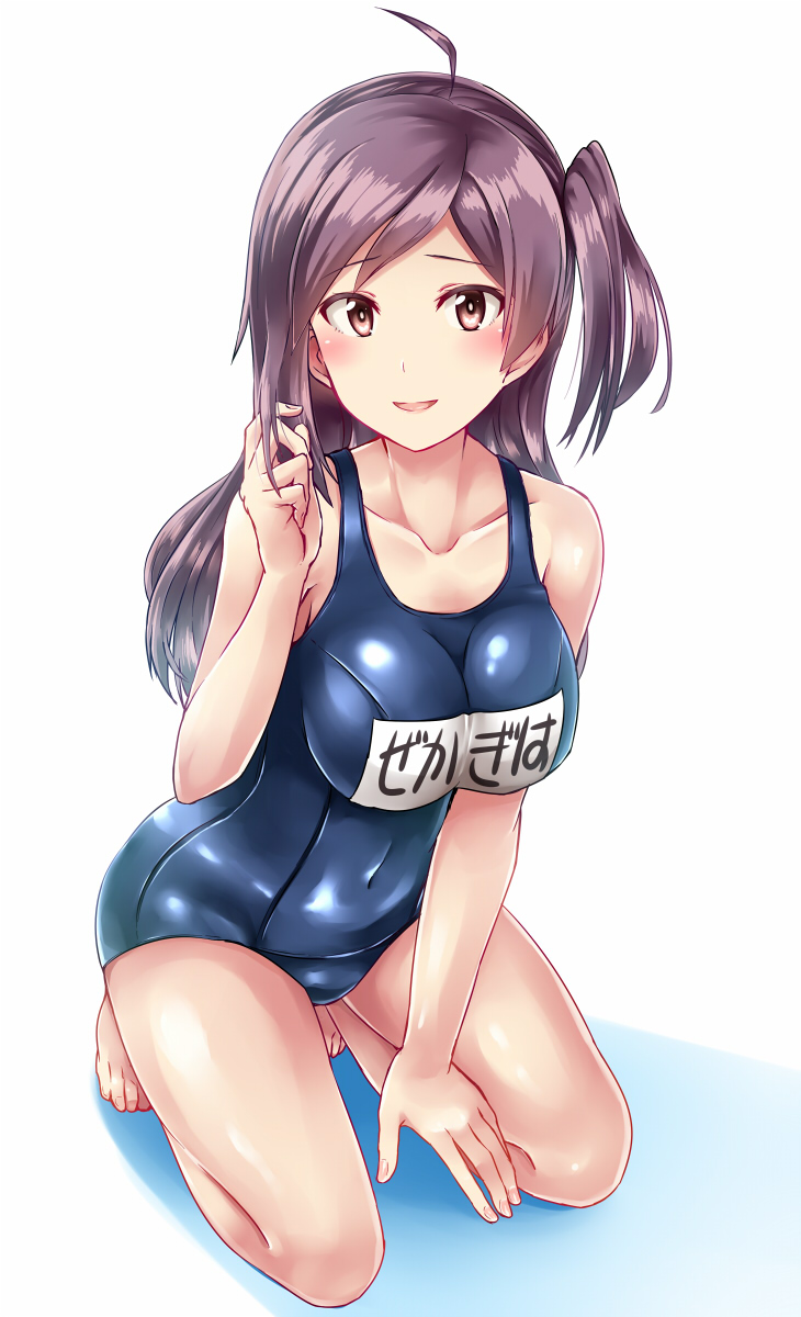 1girl ahoge asymmetrical_hair bare_arms bare_legs bare_shoulders barefoot blue_swimsuit blush breasts collarbone covered_navel full_body hagikaze_(kantai_collection) hand_in_hair highres kamelie kantai_collection kneeling large_breasts name_tag old_school_swimsuit one-piece_swimsuit purple_hair side_ponytail solo swimsuit violet_eyes