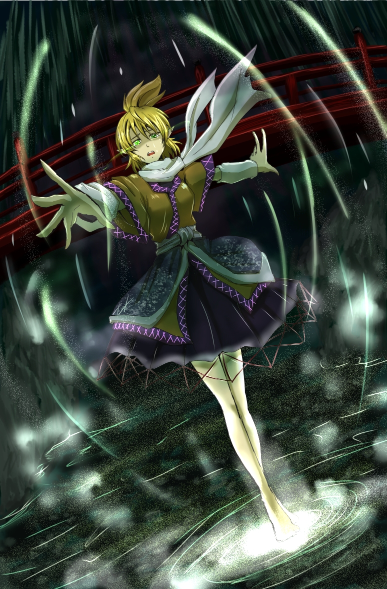 1girl arm_warmers barefoot blonde_hair bridge crying crying_with_eyes_open foreshortening full_body futagojima glowing glowing_eye green_eyes high_ponytail looking_at_viewer mizuhashi_parsee outstretched_arms pointy_ears reaching_out sash scarf short_hair solo spread_arms standing standing_on_liquid tears touhou under_bridge white_scarf