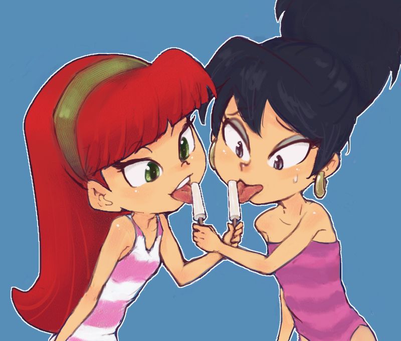 2girls atomic_betty betty_(atomic_betty) cartoon_network conoghi earrings eyebrows holding lce_cream licking long_hair multiple_girls sexually_suggestive shiny shiny_skin simple_background tongue tongue_out upper_body