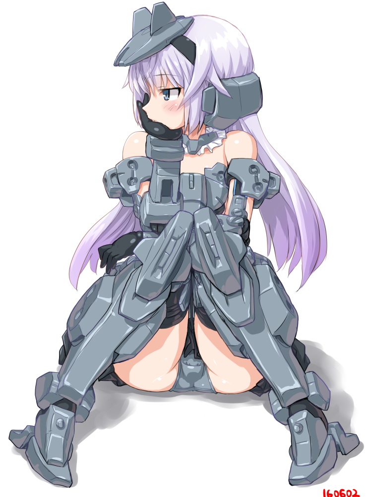 1girl architect bangs bare_shoulders black_gloves black_legwear blue_eyes blush dd_(ijigendd) elbow_gloves frame_arms_girl full_body gloves grey_panties hairband headgear knees_together_feet_apart lavender_hair long_hair mecha_musume panties pantyshot pantyshot_(sitting) shadow simple_background sitting solo thigh-highs underwear white_background