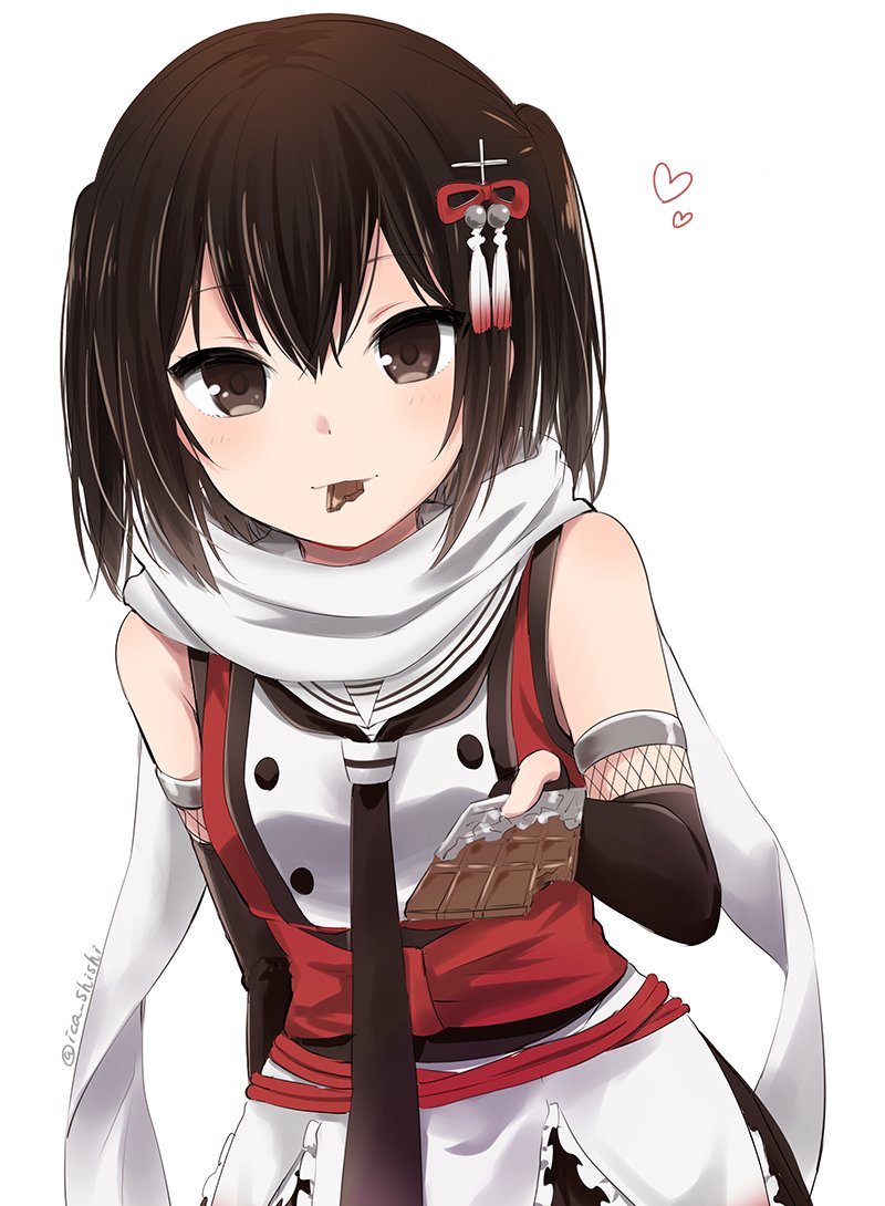 1girl arm_behind_back bangs black_gloves blush brown_eyes brown_hair chocolate_bar closed_mouth cowboy_shot elbow_gloves eyebrows eyebrows_visible_through_hair fingerless_gloves food food_in_mouth gloves hair_ornament heart holding holding_food ica kantai_collection looking_at_viewer mouth_hold neckerchief remodel_(kantai_collection) scarf school_uniform sendai_(kantai_collection) serafuku simple_background sleeveless solo twitter_username two_side_up white_background white_scarf