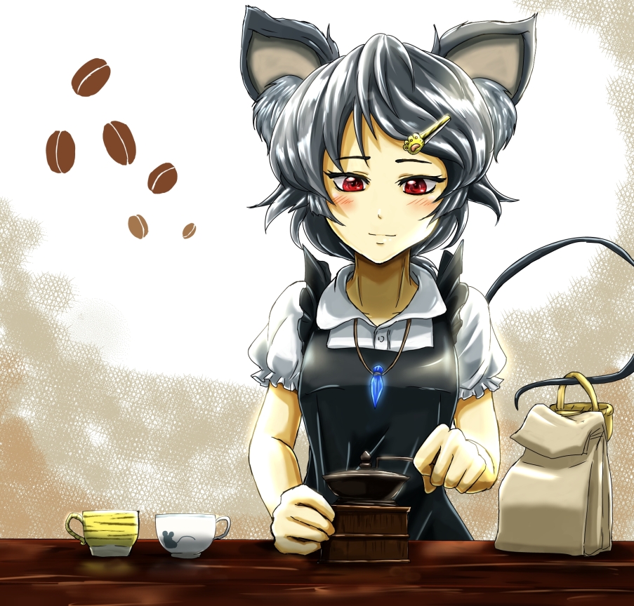 1girl animal_ears apron bag basket black_apron blush coffee_beans coffee_grinder cup futagojima grey_hair hair_ornament hairclip jewelry maid_apron mouse_ears mouse_tail mug nazrin paper_bag pendant puffy_short_sleeves puffy_sleeves red_eyes short_hair short_sleeves smile solo tail touhou upper_body