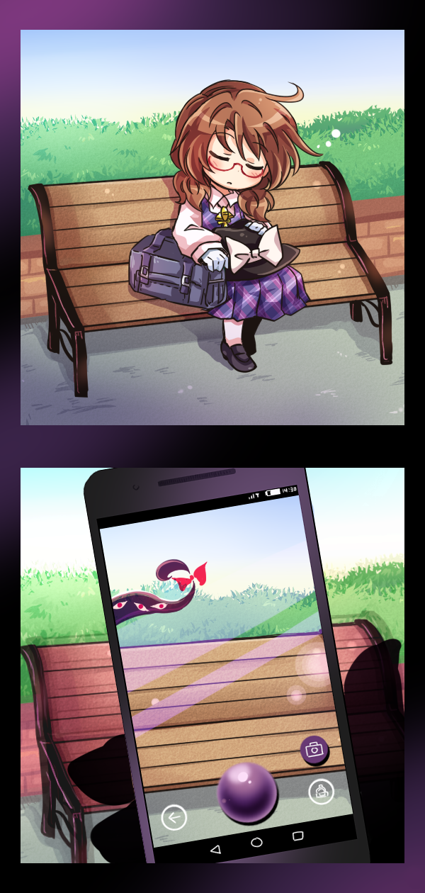 1girl ahoge bag bench blush bow brown_eyes brown_hair chibi comic dress duffel_bag female full_body gameplay_mechanics gap glasses gloves hat hat_bow hat_removed headwear_removed highres long_sleeves low_twintails nature outdoors park_bench parody parted_lips plaid plaid_dress plant pokemon pokemon_go pote_(ptkan) pov red-framed_eyewear semi-rimless_glasses short_hair sitting sky sleeping solo solo_focus touhou twintails under-rim_glasses usami_sumireko white_bow white_gloves