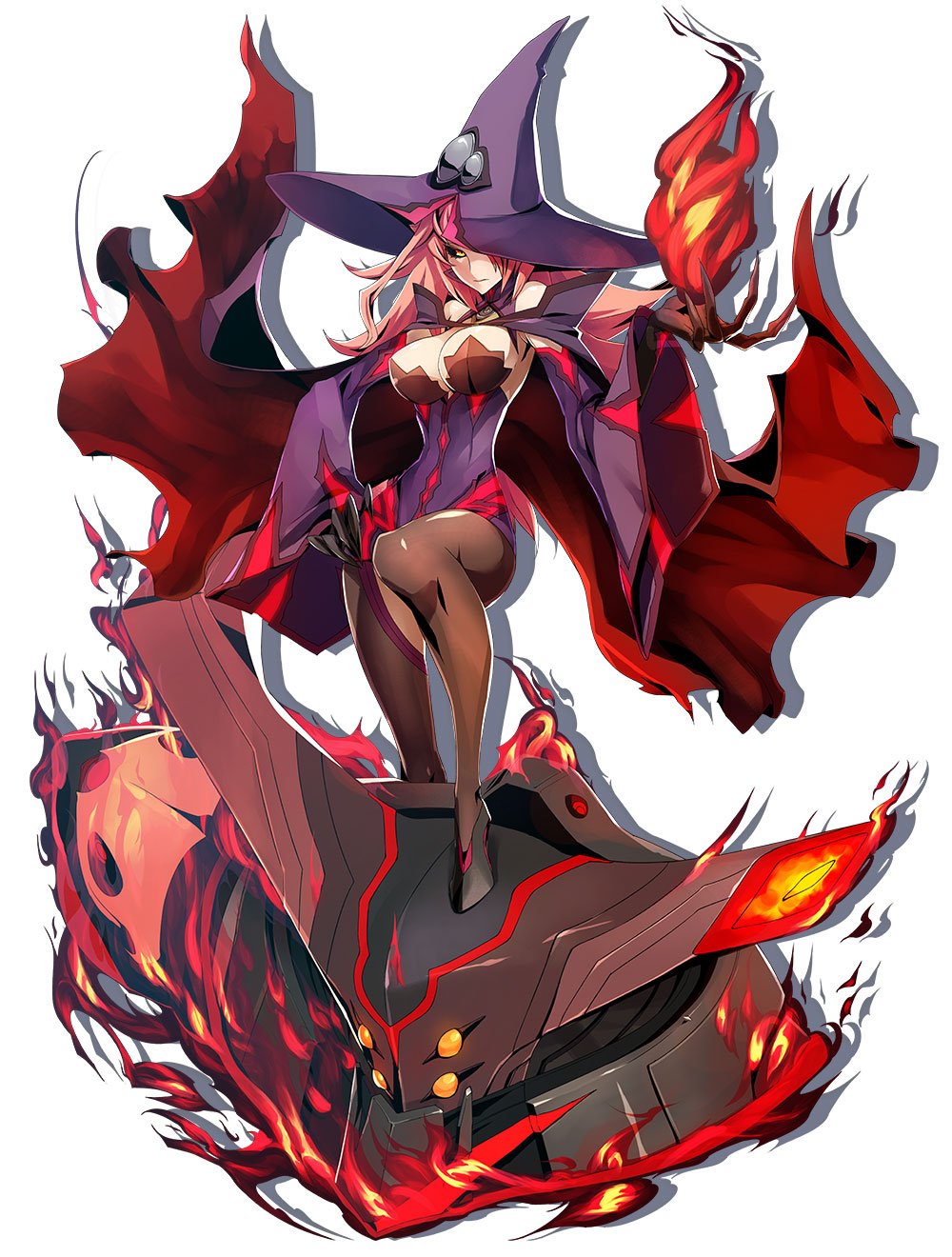 1girl black_sclera black_shoes blazblue blazblue:_central_fiction breasts brown_legwear cape detached_sleeves expressionless fire hat highres katou_yuuki konoe_a_mercury large_breasts long_hair looking_at_viewer magic miniskirt official_art pantyhose phantom_(blazblue) pink_hair purple_hat purple_skirt pyrokinesis robot shadow shoes skirt solo standing white_background witch_hat yellow_eyes