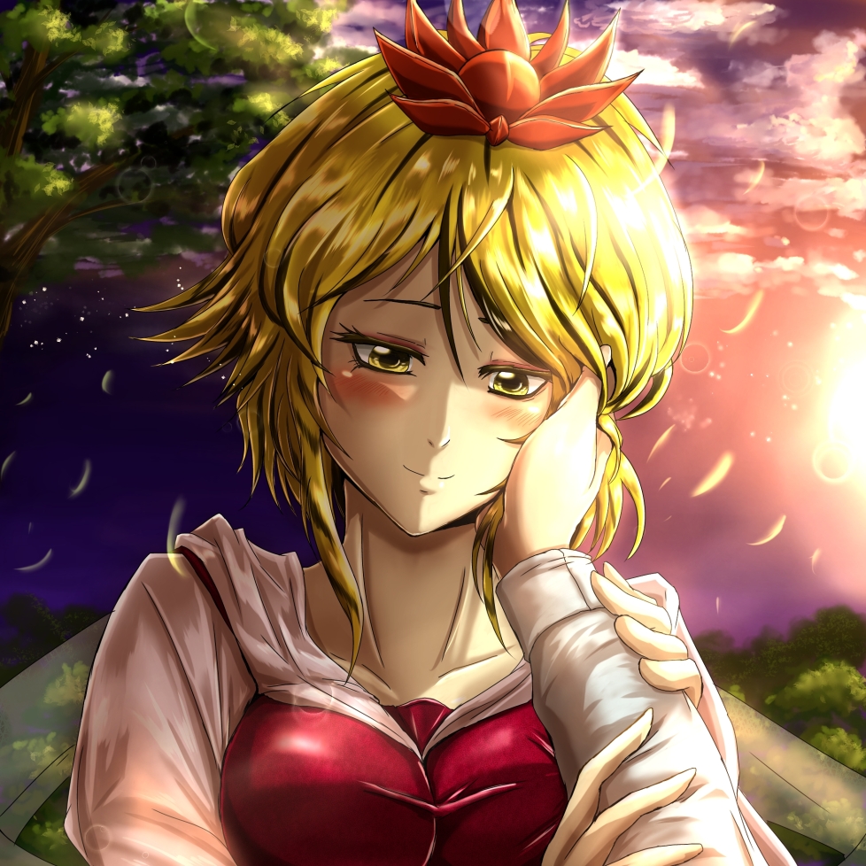 1girl blonde_hair blush collarbone futagojima hair_ornament hand_on_another's_cheek hand_on_another's_face head_tilt holding_arm long_sleeves looking_at_viewer nazrin pov_hands short_hair smile solo_focus sunlight toramaru_shou touhou tree upper_body yellow_eyes