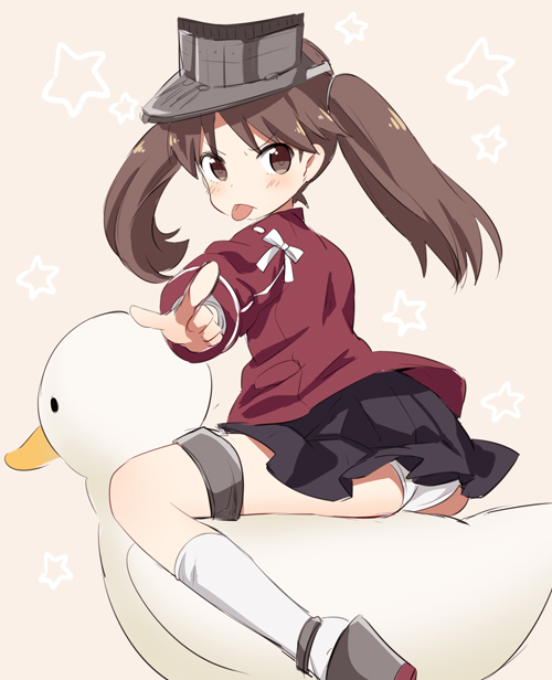 1girl ass bangs bird black_skirt blush brown_eyes brown_hair duck eyebrows eyebrows_visible_through_hair from_behind full_body ica kantai_collection kneehighs long_hair long_sleeves looking_at_viewer looking_back panties pantyshot pantyshot_(sitting) pink_background pleated_skirt pointing ribbon ryuujou_(kantai_collection) sitting skirt solo star starry_background thigh_strap tongue tongue_out twintails underwear visor_cap white_legwear white_panties white_ribbon