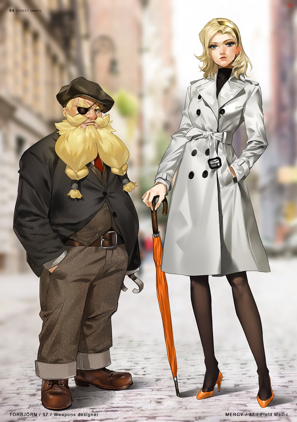1boy 1girl alternate_costume alternate_hairstyle beard belt black_jacket blonde_hair blue_eyes boots brown_boots buckle casual closed_mouth closed_umbrella coat cross-laced_footwear eyepatch facial_hair fashion grey_coat hairband hand_in_pocket hat height_difference high_heels highres holding holding_umbrella jacket lace-up_boots lips looking_at_viewer mercy_(overwatch) mustache necktie overwatch pants pantyhose pink_lips prosthesis red_necktie shoes torbjorn_(overwatch) umbrella yang-do