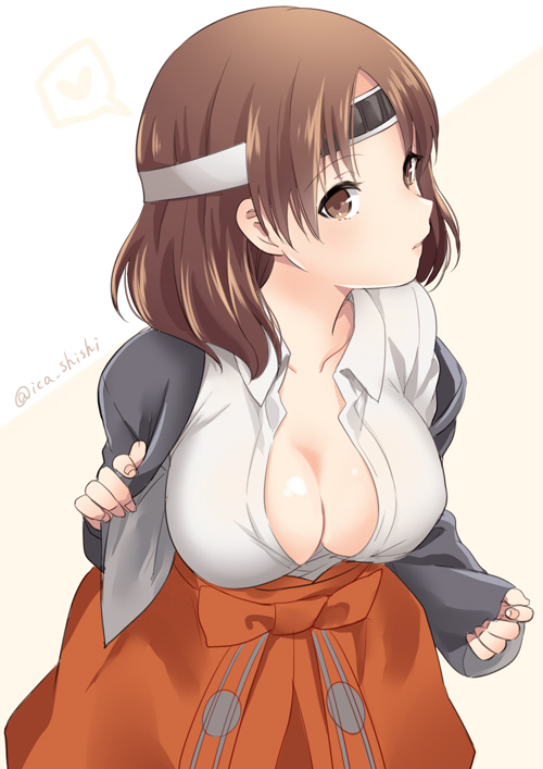1girl bangs blouse blue_jacket breasts brown_eyes brown_hair chiyoda_(kantai_collection) cleavage collarbone cowboy_shot eyebrows eyebrows_visible_through_hair hakama headband heart ica jacket japanese_clothes kantai_collection large_breasts long_sleeves looking_at_viewer multicolored_background no_bra orange_hakama parted_lips short_hair solo speech_bubble spoken_heart twitter_username two-tone_background white_blouse