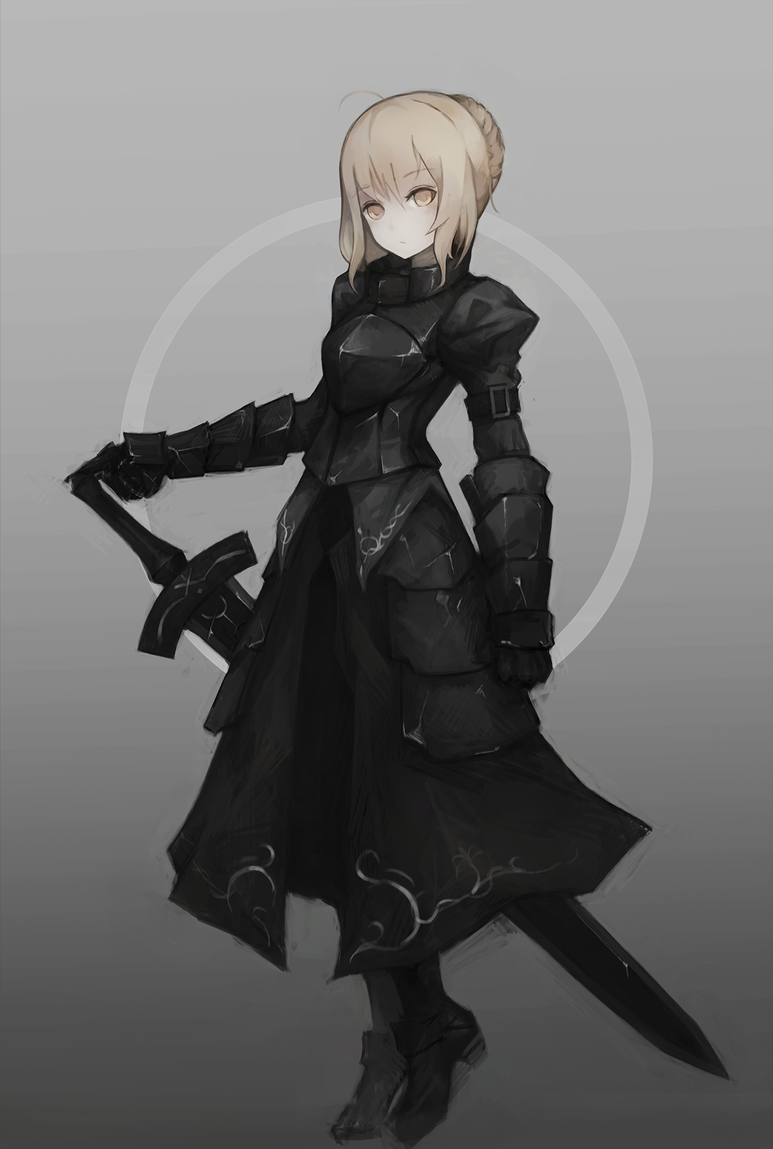 1girl ahoge armor armored_dress blonde_hair braid dark_excalibur excalibur fate/stay_night fate_(series) french_braid gauntlets gyup91 saber saber_alter simple_background solo sword weapon yellow_eyes