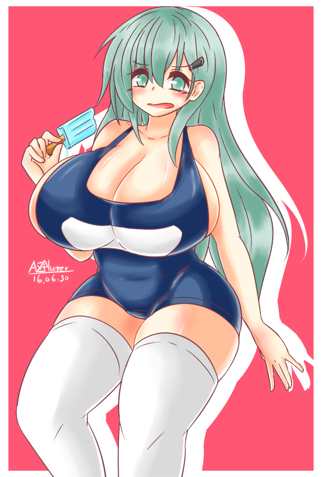 1girl ayazumi_flutter blue_swimsuit breasts cleavage collarbone eating embarrassed female food green_eyes green_hair huge_breasts kantai_collection long_hair matching_hair/eyes one-piece_swimsuit plump school_swimsuit sideboob simple_background solo standing suzuya_(kantai_collection) sweatdrop swimsuit thigh-highs white_legwear wide_hips