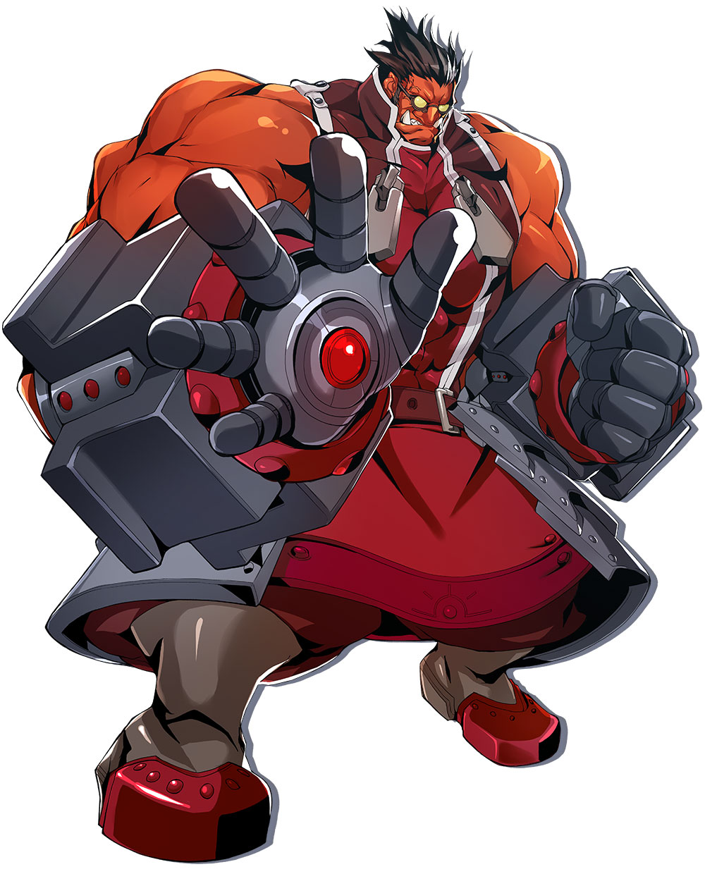 1boy angry armor belt black_hair blazblue blazblue:_central_fiction boots clenched_teeth full_body glasses gloves highres iron_tager katou_yuuki looking_at_viewer male_focus official_art red_shirt red_skin shadow sharp_teeth shirt sleeveless sleeveless_shirt solo standing teeth white_background