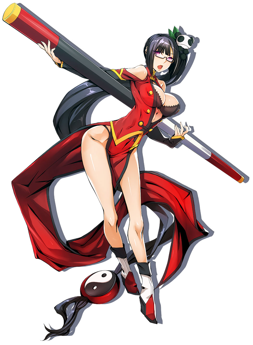 1girl :o absurdly_long_hair black-framed_eyewear black_hair blazblue blazblue:_central_fiction breasts cleavage dress glasses highres katou_yuuki lao_jiu large_breasts litchi_faye_ling long_hair looking_at_viewer low-tied_long_hair official_art panda pink_eyes red_dress semi-rimless_glasses shadow shoes side_ponytail side_slit solo staff standing tied_hair very_long_hair white_background yin_yang