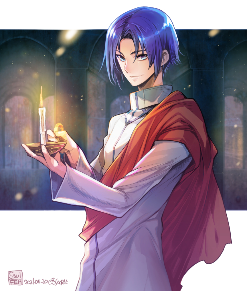 1boy bangs blue_eyes blue_hair closed_mouth fire_emblem fire_emblem:_the_binding_blade holding holding_candle indoors long_sleeves looking_at_viewer robe saul_(fire_emblem) short_hair smile toyota_saori turtleneck upper_body