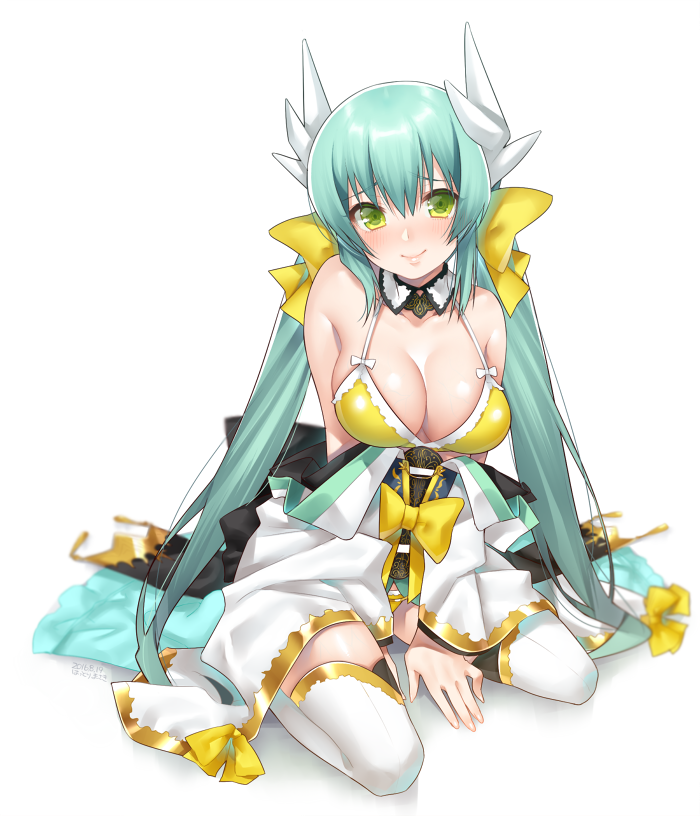 1girl aqua_hair bare_shoulders bikini blush bow breasts cleavage detached_collar fate/grand_order fate_(series) hair_bow hattori_masaki horns japanese_clothes kiyohime_(fate/grand_order) kiyohime_(swimsuit_lancer)_(fate) large_breasts long_hair looking_at_viewer low_twintails off_shoulder simple_background sitting smile solo swimsuit thigh-highs twintails wariza white_background white_legwear yellow_bikini yellow_eyes
