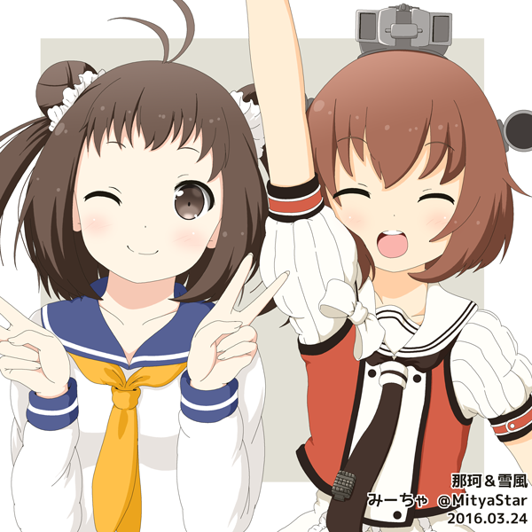 2016 :d ;) ^_^ antenna_hair arm_up artist_name bow brown_eyes brown_hair closed_eyes collarbone cosplay costume_switch dated double_bun double_v eyebrows eyebrows_visible_through_hair frills hair_ornament hair_scrunchie hand_gesture kantai_collection light_brown_hair long_sleeves looking_at_viewer miicha naka_(kantai_collection) naka_(kantai_collection)_(cosplay) neckerchief one_eye_closed open_mouth orange_hair puffy_short_sleeves puffy_sleeves red_vest remodel_(kantai_collection) round_teeth school_uniform scrunchie serafuku shirt short_hair short_sleeves smile tareme teeth upper_body v white_bow white_shirt yukikaze_(kantai_collection) yukikaze_(kantai_collection)_(cosplay)