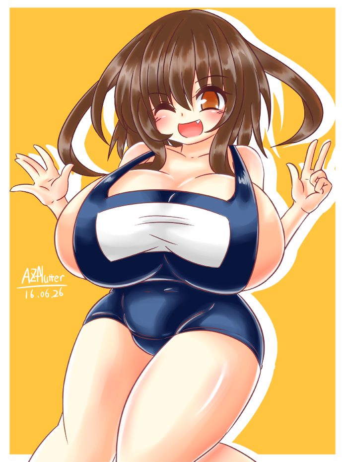 1girl alternate_breast_size ayazumi_flutter blue_swimsuit blush breasts brown_eyes brown_hair female huge_breasts ikazuchi_(kantai_collection) kantai_collection long_hair looking_at_viewer one-piece_swimsuit open_mouth plump school_swimsuit sideboob simple_background solo standing swimsuit thick_thighs v wide_hips wink
