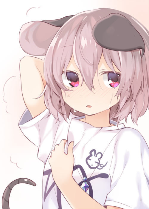 1girl akagashi_hagane alternate_costume animal_ears arm_up grey_hair hot mouse_ears mouse_tail nazrin parted_lips red_eyes shirt short_hair solo steam sweat t-shirt tail touhou