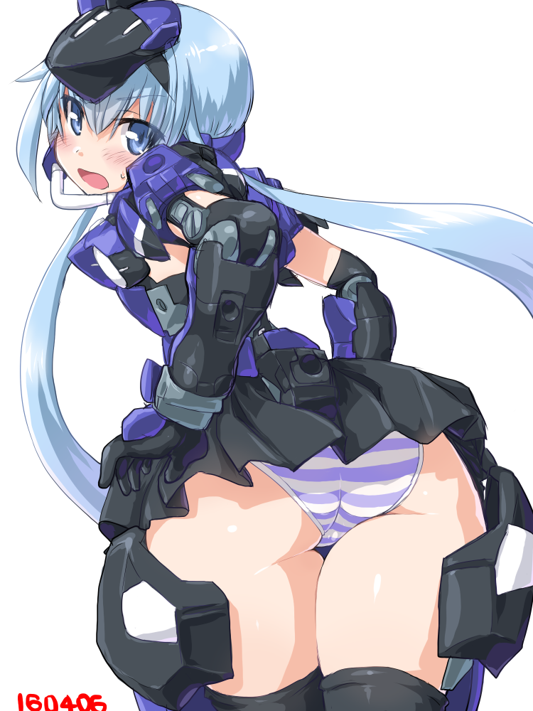 1girl ass bangs black_gloves black_legwear black_skirt blue_eyes blue_hair blush dd_(ijigendd) doll_joints elbow_gloves eyebrows eyebrows_visible_through_hair eyes_visible_through_hair frame_arms_girl from_behind gloves hair_between_eyes headgear leaning_forward long_hair looking_at_viewer looking_back mecha_musume miniskirt panties pleated_skirt simple_background skirt solo striped striped_panties stylet sweatdrop thigh-highs twintails underwear very_long_hair white_background
