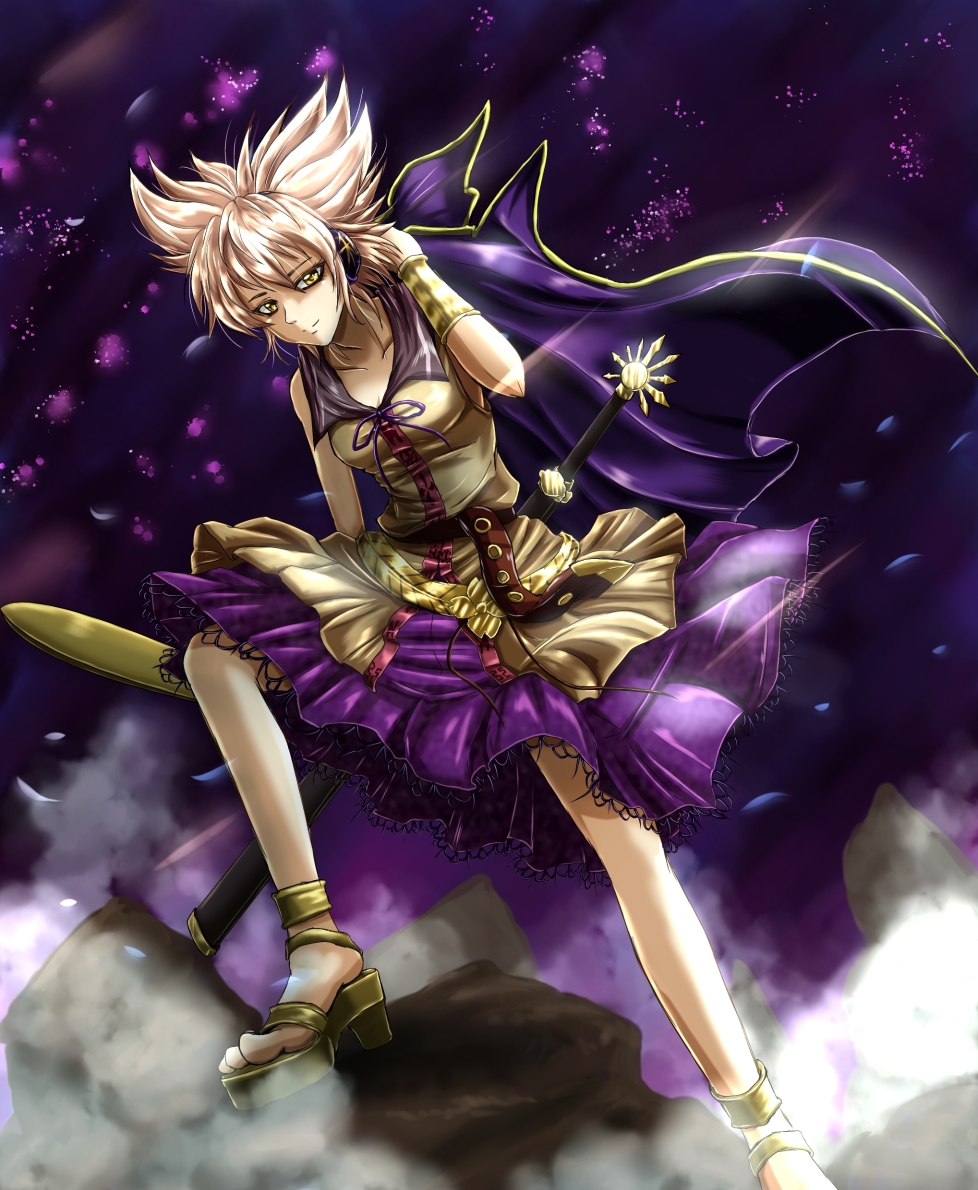 1girl anklet bracelet breasts cape cleavage collarbone earmuffs futagojima jewelry light_brown_hair light_smile looking_at_viewer pointy_hair purple_cape purple_skirt sandals sash sheath sheathed shirt short_hair skirt sleeveless sleeveless_shirt small_breasts smoke solo sword touhou toyosatomimi_no_miko weapon yellow_eyes
