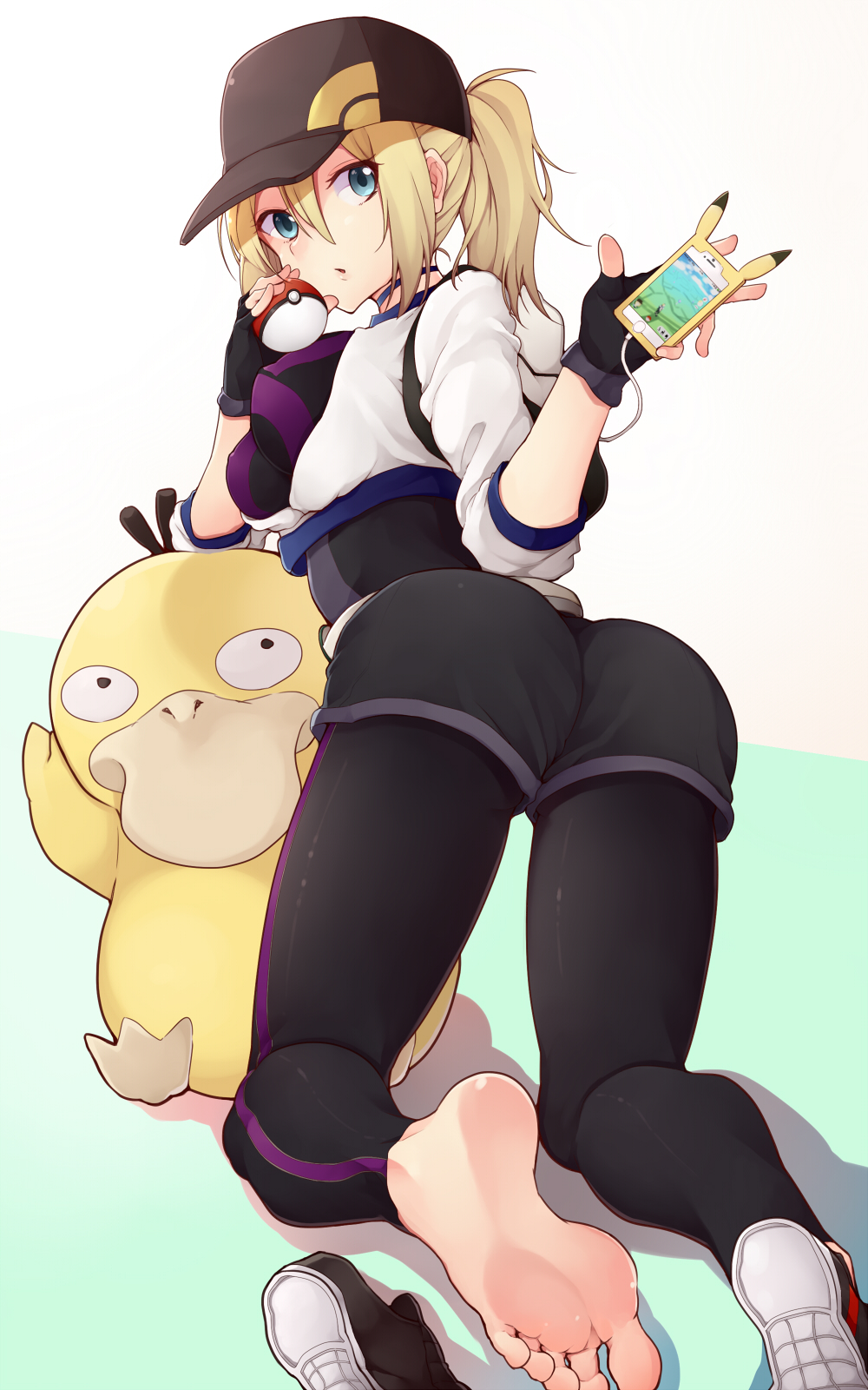 10s 1girl :o aqua_background ass backpack bag barefoot baseball_cap batatata77 belt black_gloves black_hat black_pants blue_eyes breasts cable choker cropped_jacket eyelashes feet female_protagonist_(pokemon_go) fingerless_gloves from_behind gloves hair_between_eyes hat highres holding holding_cellphone holding_poke_ball kneeling leggings long_hair looking_at_viewer looking_back medium_breasts pants phone_with_ears pikachu pikachu_tail poke_ball pokemon pokemon_(creature) pokemon_go ponytail psyduck shoe_soles shoes_removed single_shoe sleeves_past_elbows soles tail toes white_background