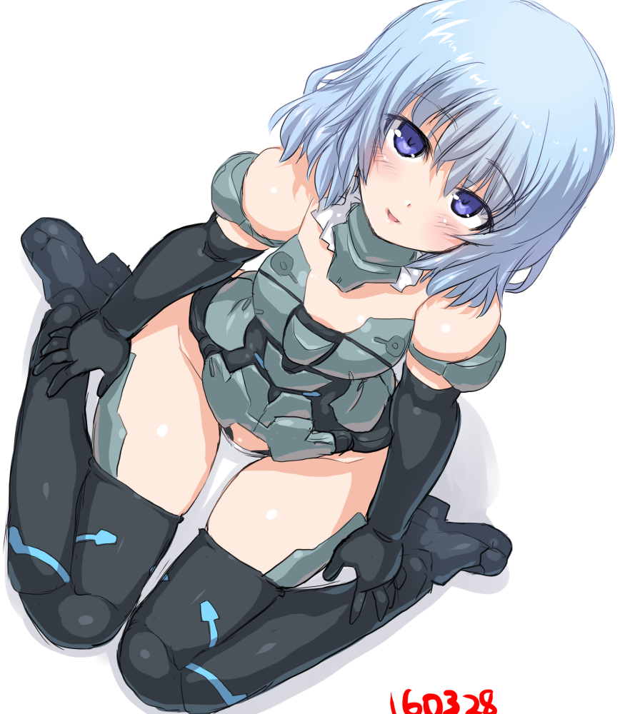 1girl :d bangs black_gloves black_legwear blue_hair blush dd_(ijigendd) elbow_gloves eyebrows eyebrows_visible_through_hair frame_arms_girl from_above gloves looking_at_viewer materia_(frame_arms_girl) mecha_musume open_mouth panties shadow short_hair simple_background sitting smile solo thigh-highs underwear violet_eyes wariza white_background white_panties