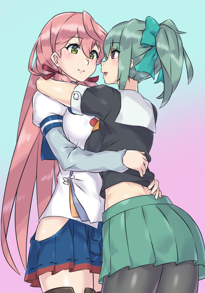 2girls :d akashi_(kantai_collection) black_serafuku blue_skirt blush bow breast_press breasts brown_eyes evuoaniramu eye_contact face-to-face female folded_ponytail from_side green_eyes green_hair green_skirt hair_bow hair_ribbon highres hip_vent hug kantai_collection long_hair long_sleeves looking_at_another midriff multiple_girls mutual_yuri open_mouth pantyhose pink_hair pleated_skirt ponytail ribbon school_uniform serafuku short_hair short_sleeves skirt standing thigh-highs tress_ribbon yuri yuubari_(kantai_collection)