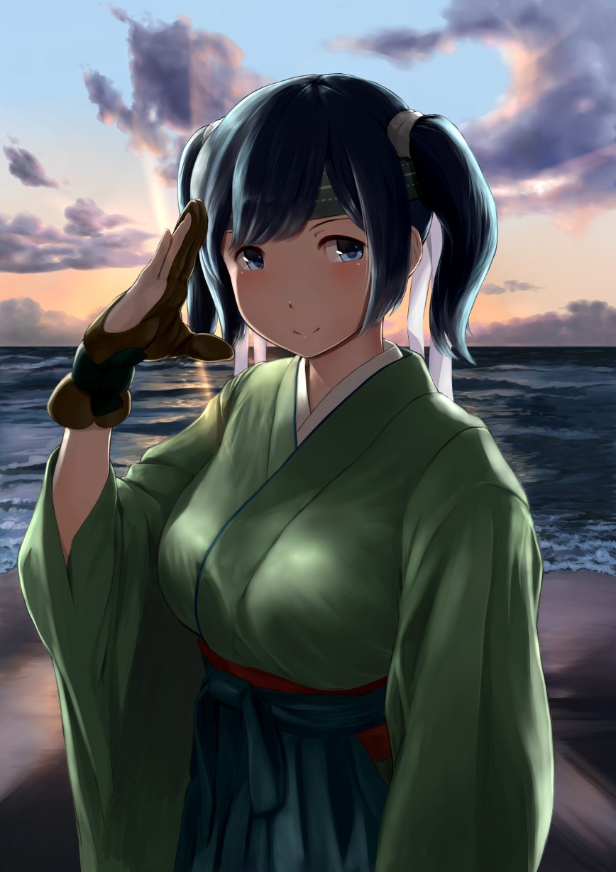 1girl beach blue_eyes blue_hair blush breasts brown_gloves closed_mouth coast evening gloves headband highres japanese_clothes kantai_collection kimono light_rays medium_breasts ocean outdoors partly_fingerless_gloves salute sand sash shore short_hair short_twintails smile solo souryuu_(kantai_collection) sunlight sunset tareme twintails upper_body wa_(genryusui) water yugake