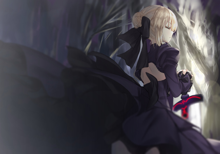 1girl bare_tree blonde_hair blurry closed_eyes dark_excalibur depth_of_field fate/grand_order fate_(series) from_behind gothic_lolita hakuishi_aoi lolita_fashion long_hair pantyhose saber saber_alter solo tree