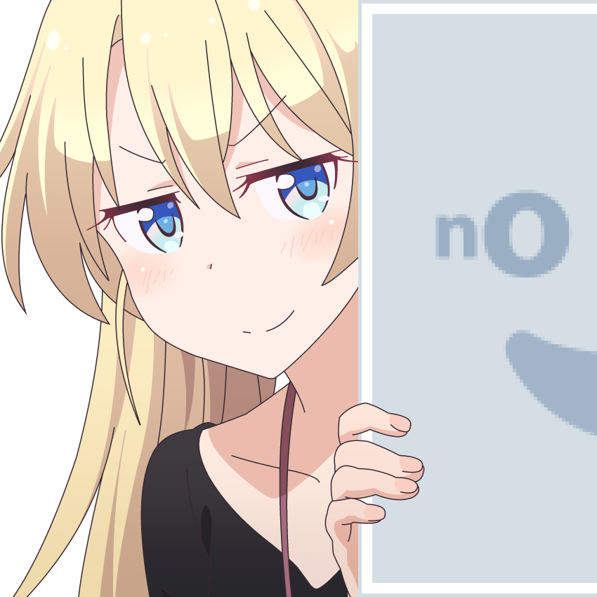 1girl black_shirt blonde_hair blue_eyes blush collarbone hair_between_eyes long_hair looking_at_viewer mugen_ouka new_game! no_image peeking_out pixiv shirt solo vector_trace yagami_kou