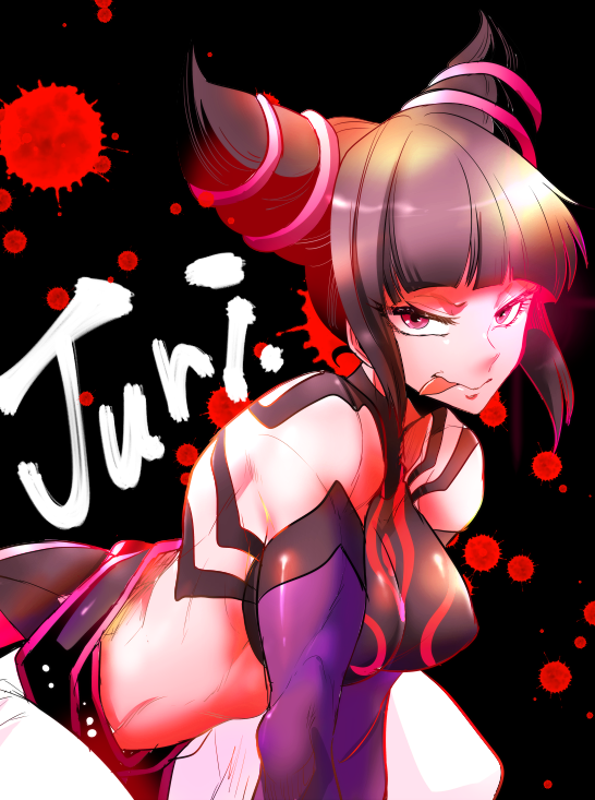 1girl :p black_hair breasts detached_sleeves drill_hair erect_nipples han_juri marimo_(yousei_ranbu) short_twintails street_fighter street_fighter_iv super_street_fighter_iv tongue tongue_out twin_drills twintails violet_eyes