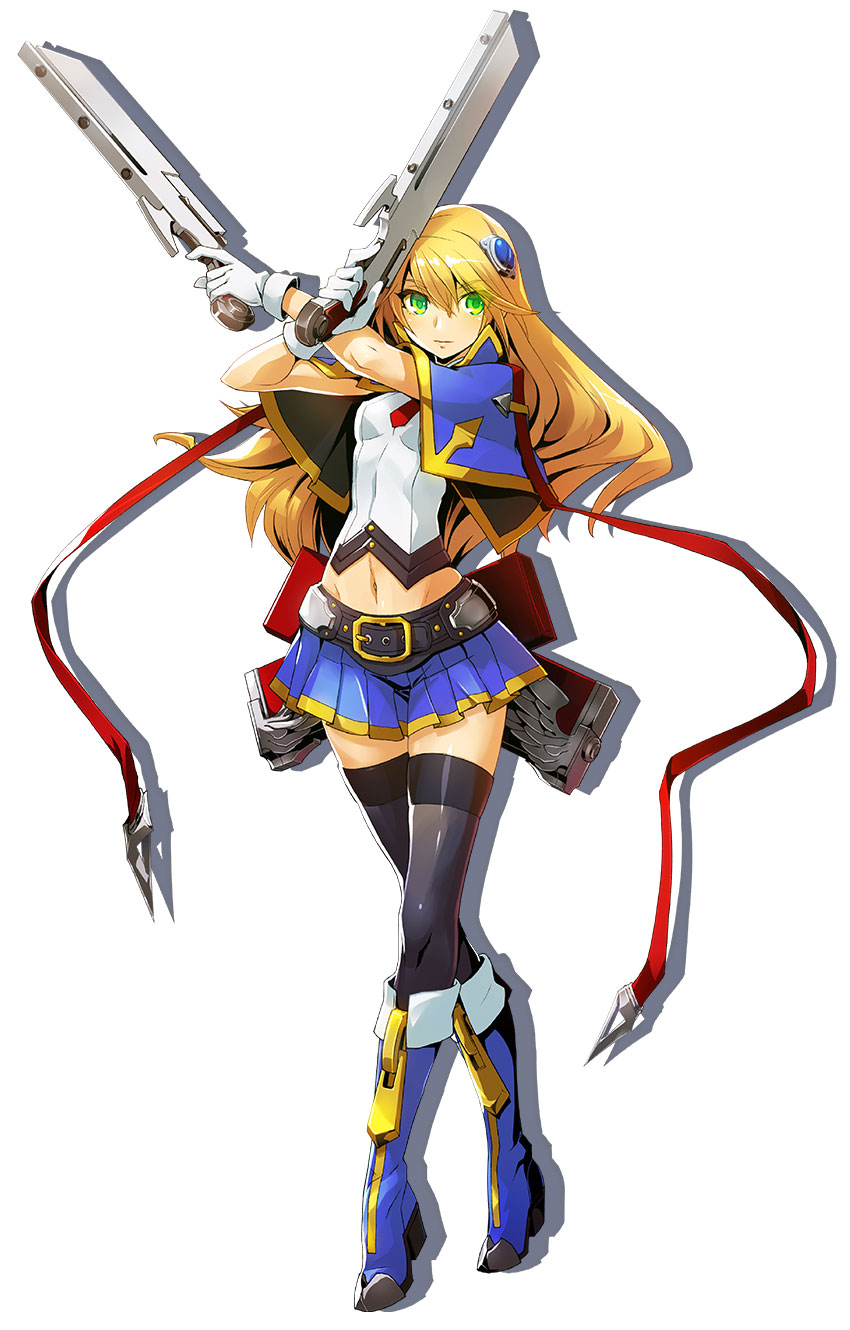 1girl belt black_legwear blazblue blazblue:_central_fiction blonde_hair blue_boots blue_skirt bolverk boots capelet dual_wielding expressionless gloves green_eyes gun hair_ornament highres katou_yuuki knee_boots long_hair looking_at_viewer miniskirt navel noel_vermillion official_art pleated_skirt shadow shirt skirt solo standing thigh-highs weapon white_background white_gloves white_shirt