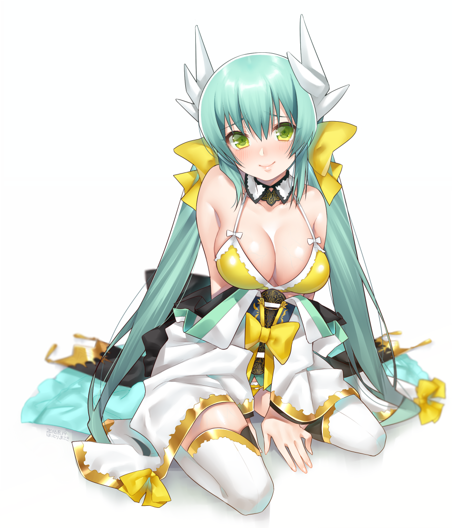 1girl aqua_hair bare_shoulders bikini blush bow breasts cleavage detached_collar fate/grand_order fate_(series) green_eyes hair_bow hattori_masaki horns japanese_clothes kiyohime_(fate/grand_order) kiyohime_(swimsuit_lancer)_(fate) large_breasts long_hair looking_at_viewer low_twintails off_shoulder simple_background sitting smile solo swimsuit thigh-highs twintails wariza white_background white_legwear yellow_bikini yellow_eyes